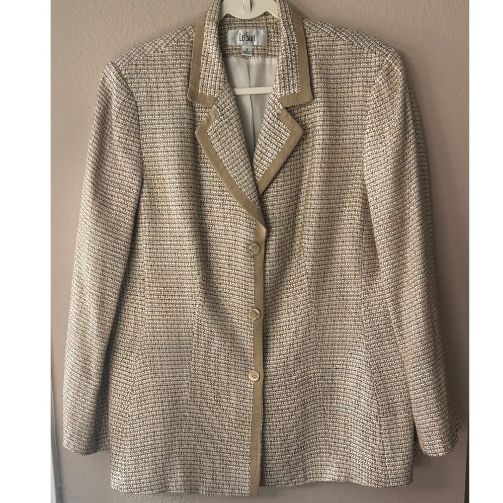 Le Suit Womens Tan White Tweed Blazer Jacket Size 18 Business Professional